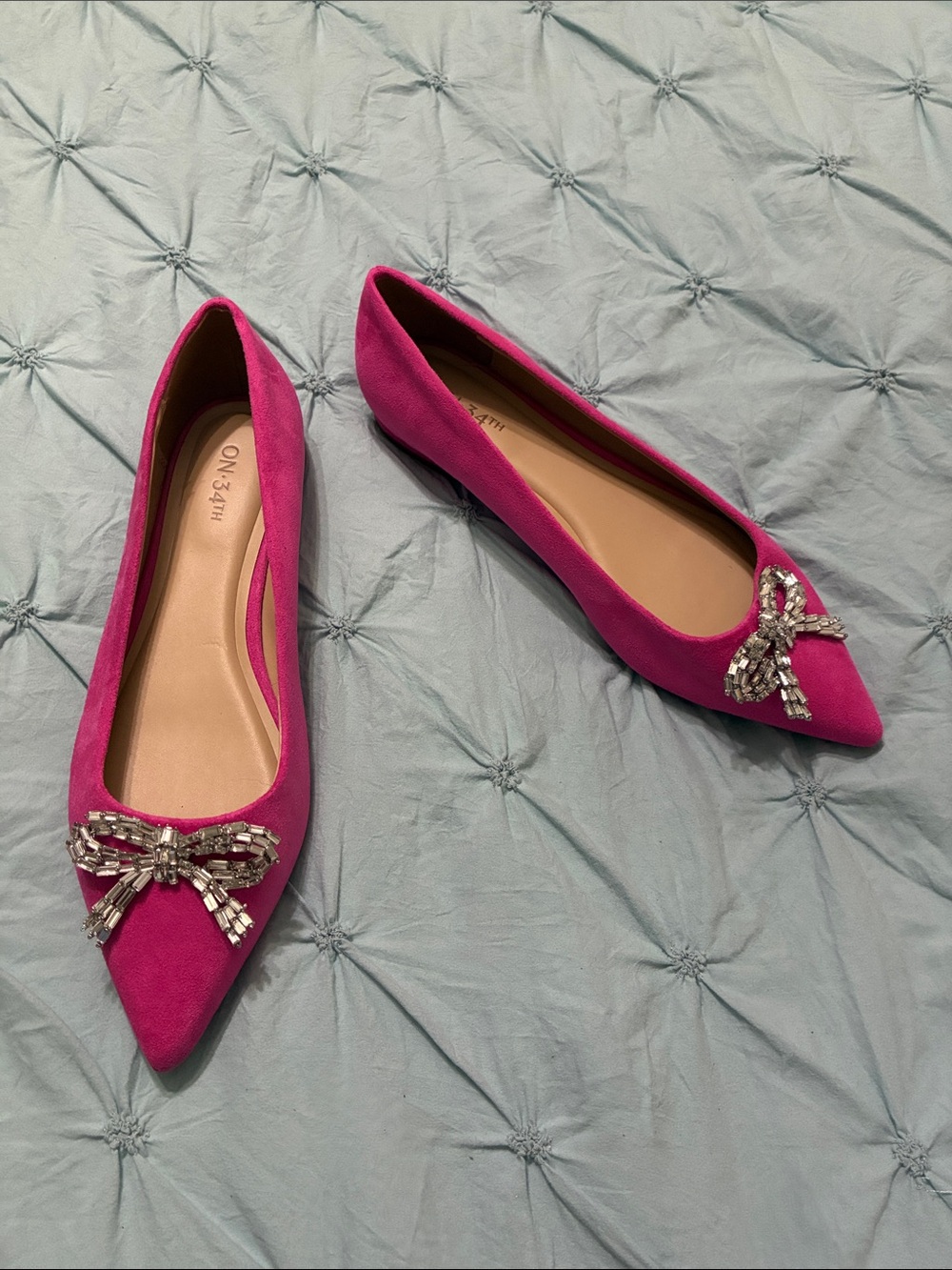Great Condition Suede  like Pink Pointed Toe Flats with Crystal Bow.  No flaws